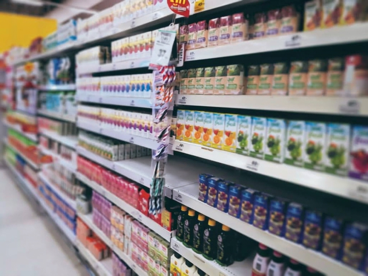 A shelf showing an empty grocery store