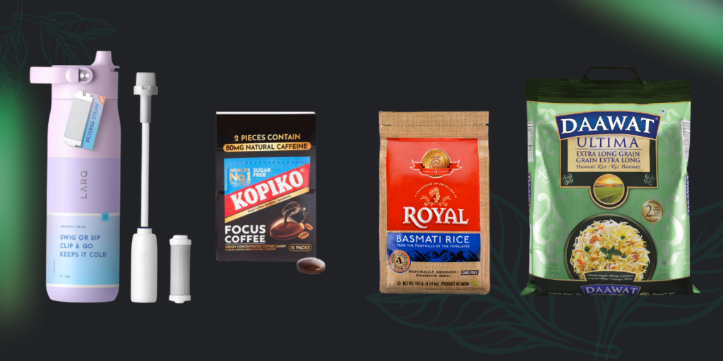 Product images of LARQ, Kopiko by Mayora, and Royal basmati rice brands featured in Survey Spotlight on AANHPI retail leaders in grocery