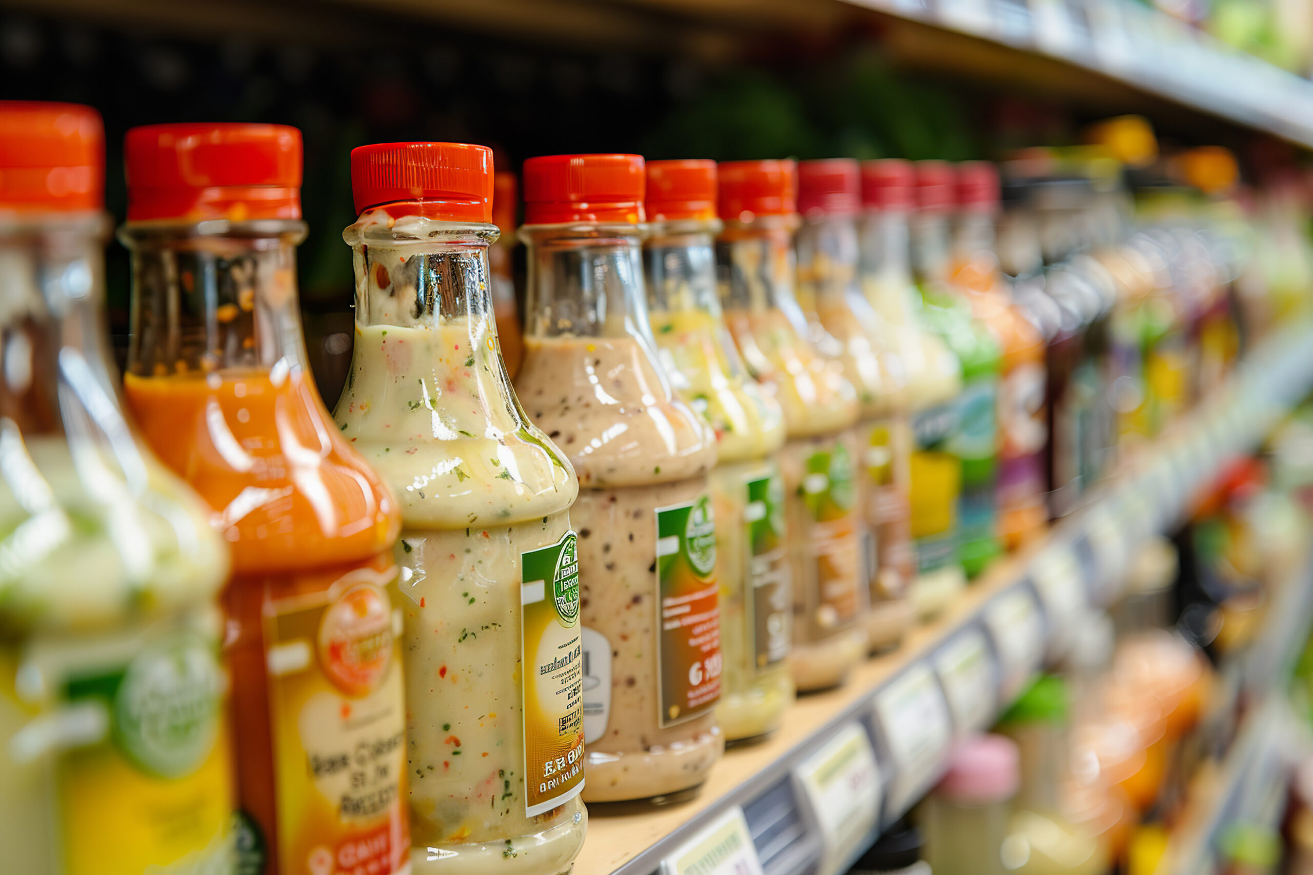 Variety of Salad Dressings on Grocery Store Shelf for Healthy Eating.