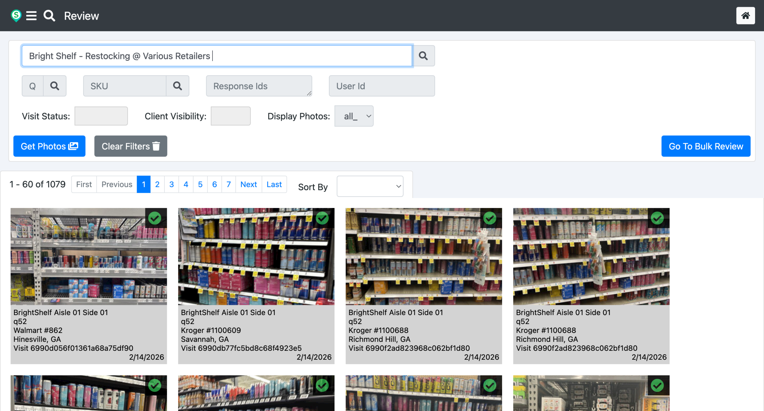 Retail photo verification dashboard used to review and approve store audit submissions at scale.