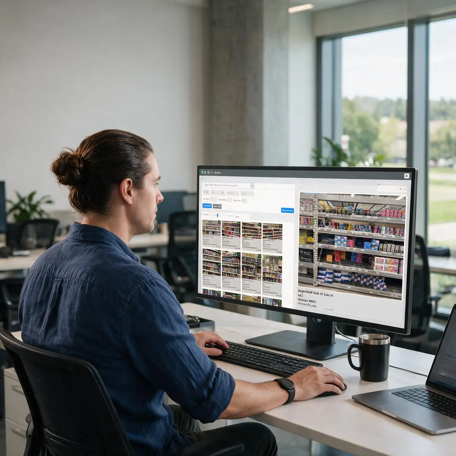 Quality assurance analyst reviewing store audit photos and retail execution data on a computer dashboard to validate in-store compliance and performance.