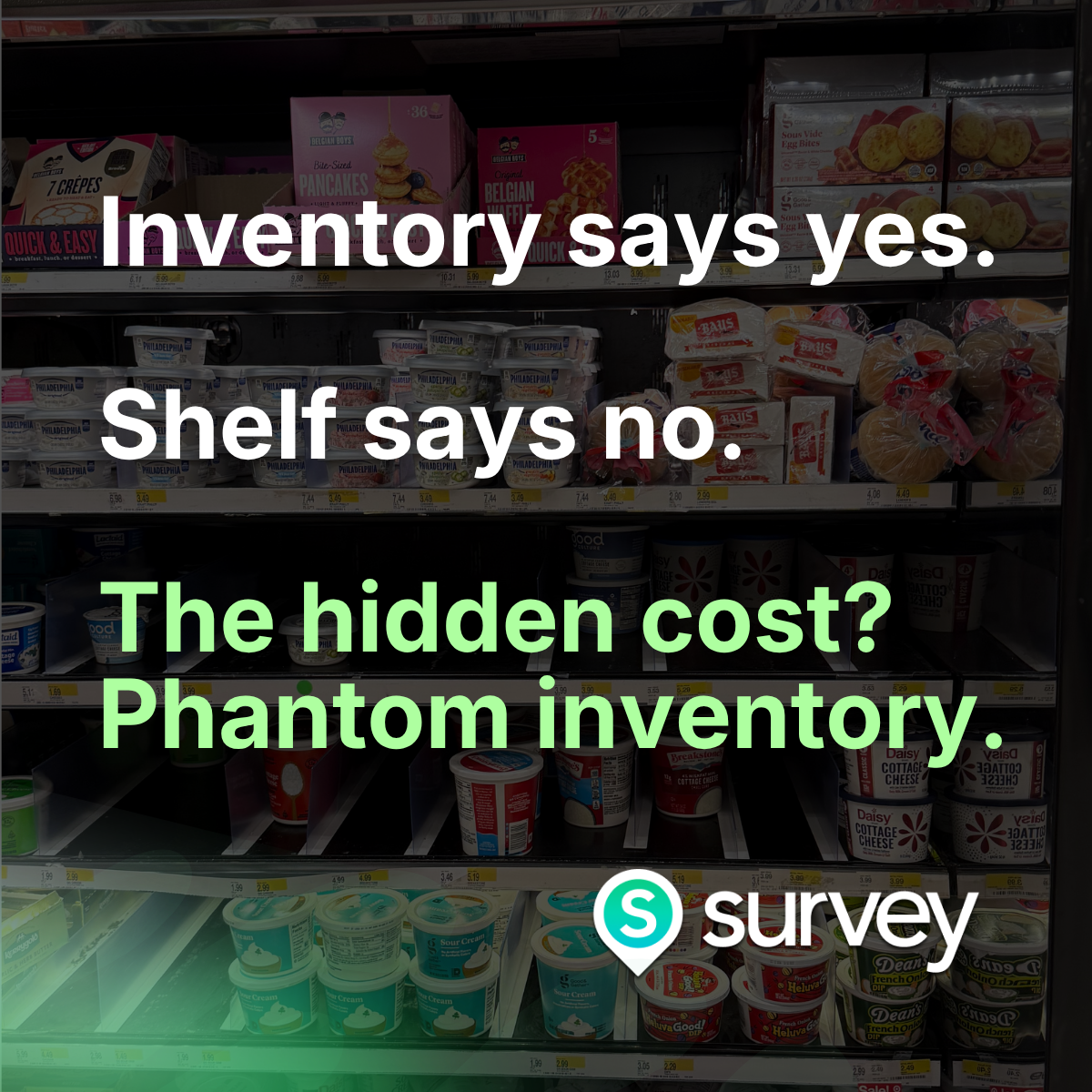 Retail shelf example showing phantom inventory where inventory data indicates products are available but shelf space remains empty.