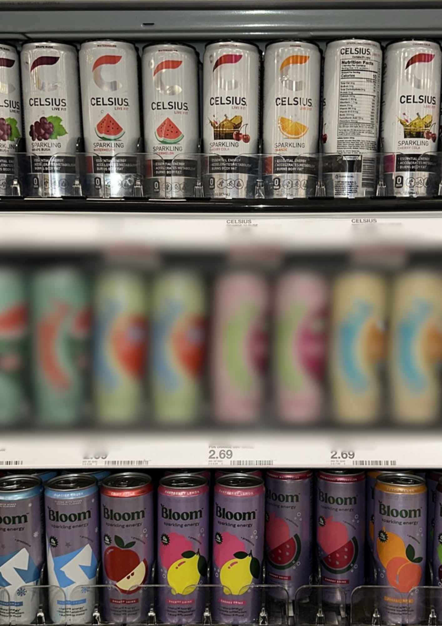 Fully stocked energy beverage shelf at a major retailer following in-store merchandising and restocking.