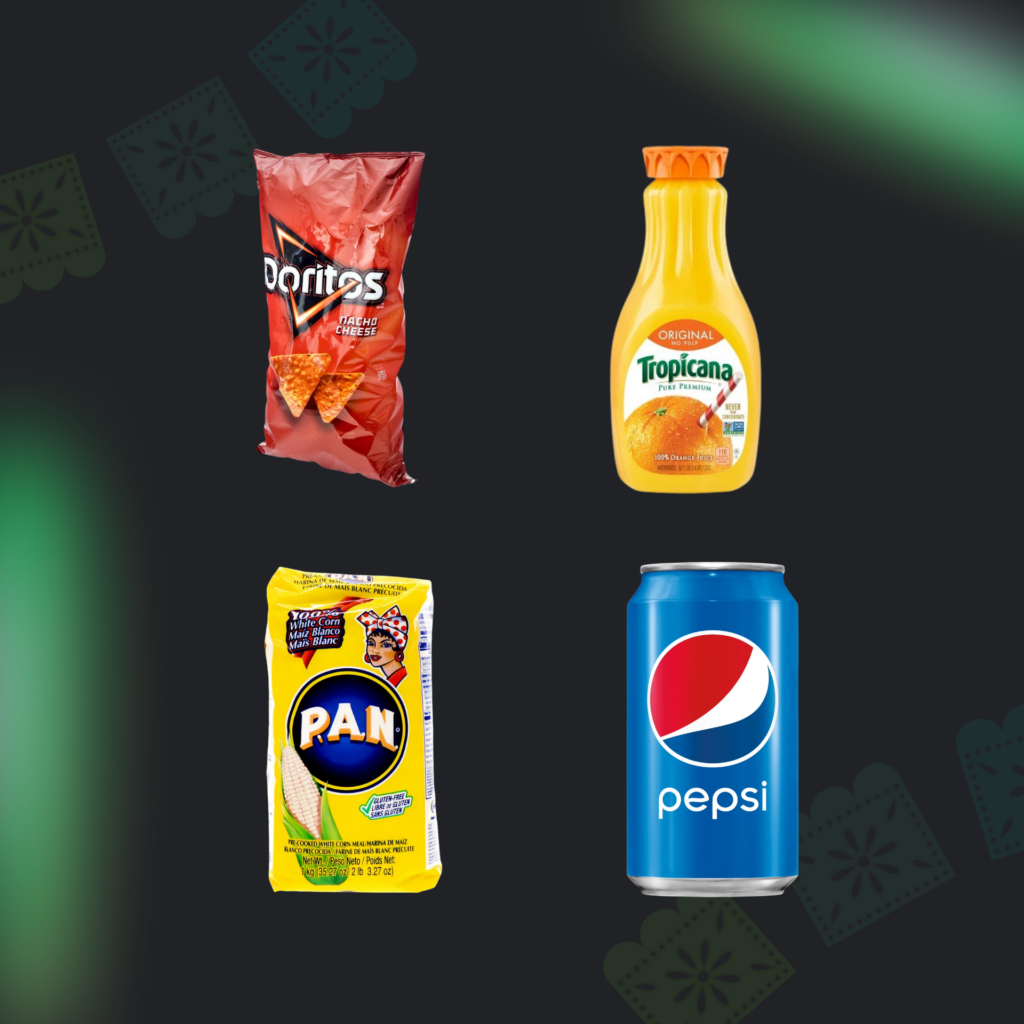 Assortment of familiar food and beverage products sold across Latin America, including Frito-Lay snacks, Pepsi, Tropicana, and Harina P.A.N., highlighting the connection between everyday brands, Hispanic culture, and family traditions.